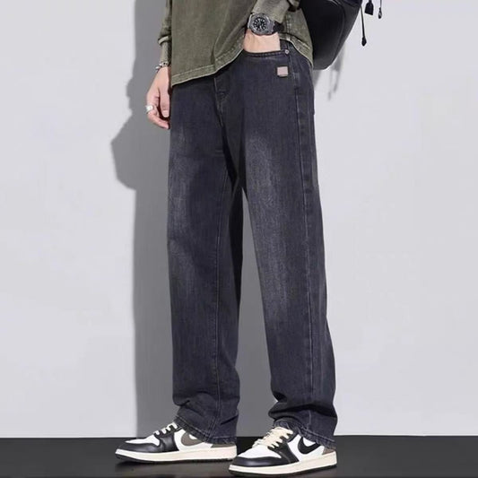 Fleece-lined American-style retro men's straight-leg pants in dark denim