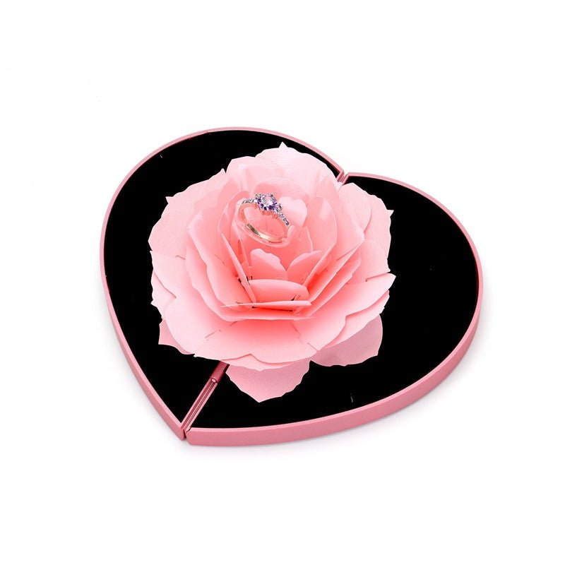 3D Love Box pink heart-shaped jewelry box with a rose and a ring on top