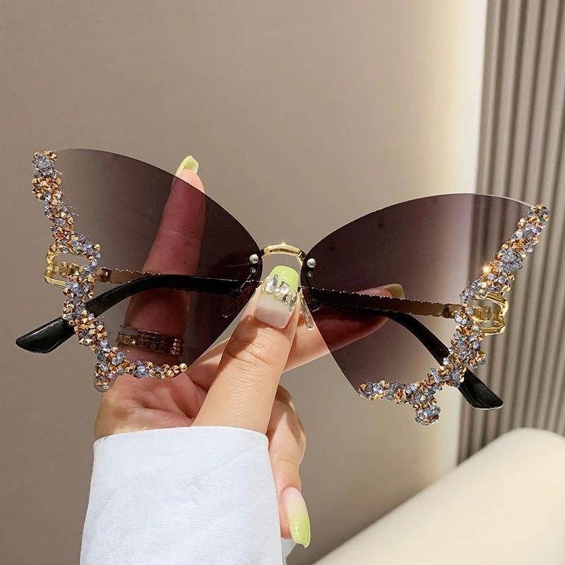 Luxury Diamond Butterfly Sunglasses Women Brand Y2K Vintage Rimless Oversized Sun Glasses Ladies Eyewear Shades - MANDOTOS