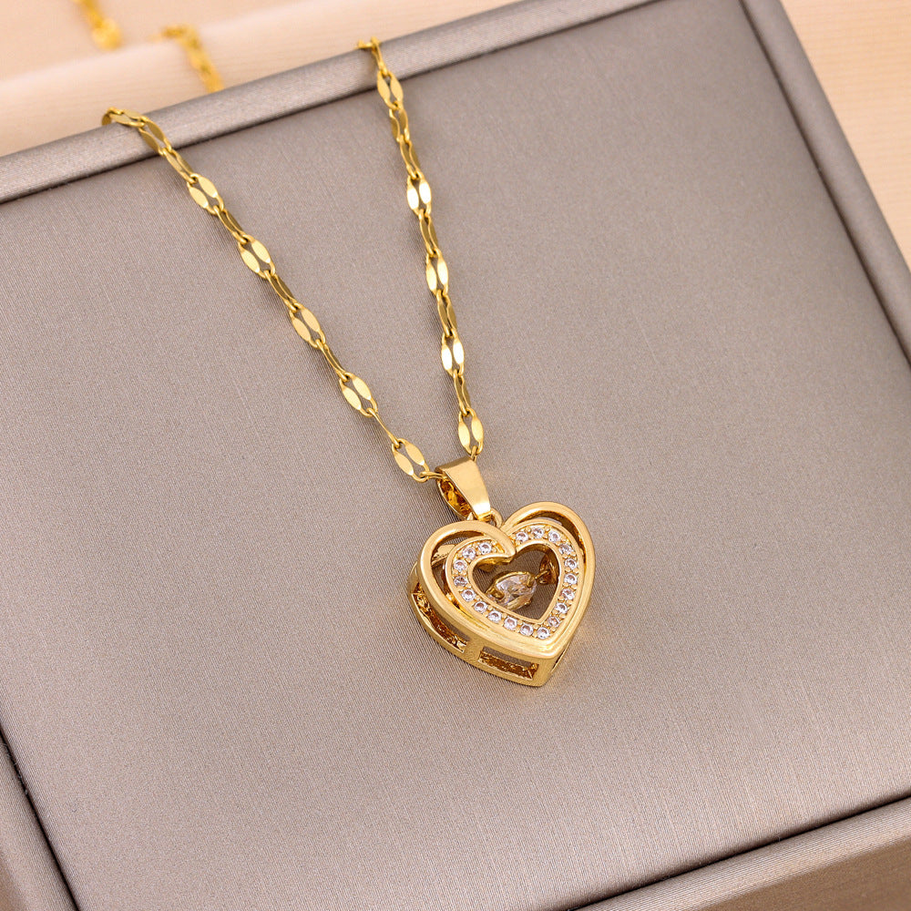 Double-layer Love Necklace With Rhinestones Titanium Steel Pendant Fashion Jewelry Woman Valentines Day Gift - MANDOTOS