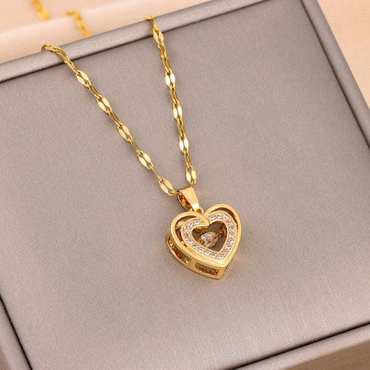 Double-layer Love Necklace With Rhinestones Titanium Steel Pendant Fashion Jewelry Woman Valentines Day Gift - MANDOTOS