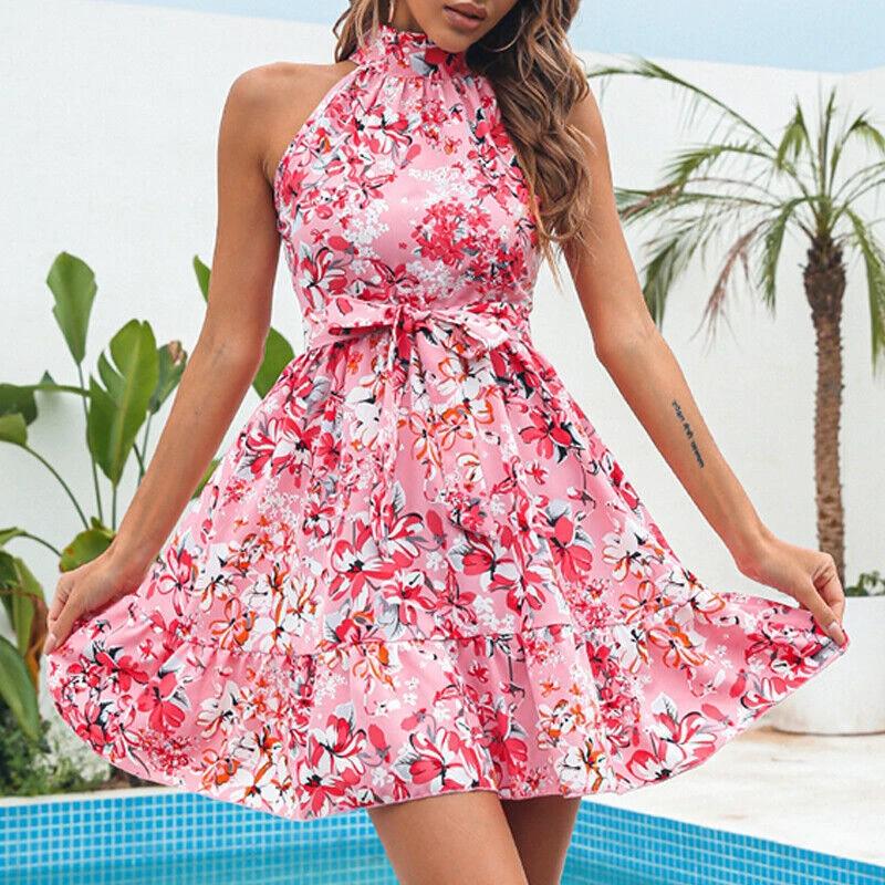 New Flowers Print Halterneck Dress Summer Fashion Temperament Lace-up Ruffled Dresses For Women MANDOTOS