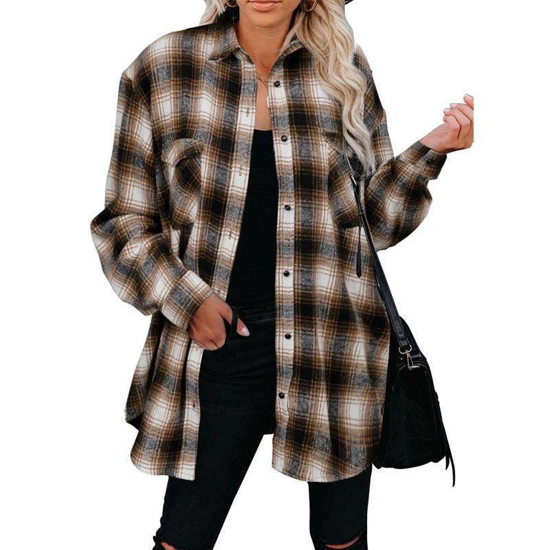 Plaid Shirt Women Spring Mid - length Loose Blouse Turndown Collar Shirt Clothing - MANDOTOS INTERNATIONAL0