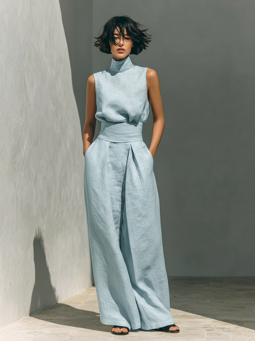 Women’s Cotton Linen Two-Piece Set – Sleeveless Top & Wide-Leg Pants