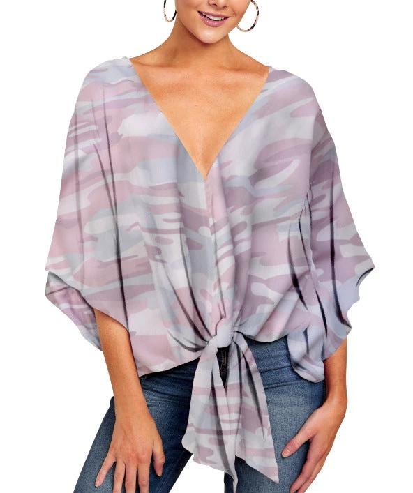 New V Neck Blouse Women Leopard Print Shirts Floral Tie Front Blouses Batwing Summer Oversize Ladies Tops - MANDOTOS INTERNATIONAL0