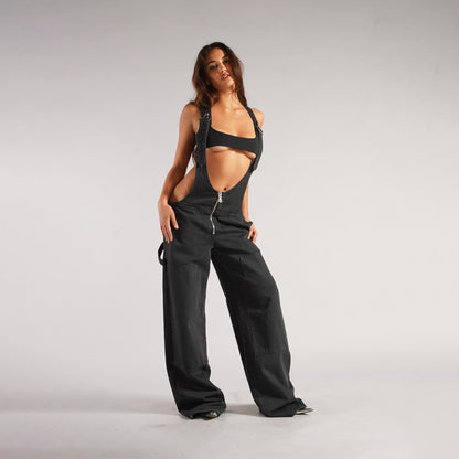 Y2K Zipper Denim Overalls With Pockets Fashion Loose Suspender Jumpsuit Streetwear Jeans Pants Womens Clothing - MANDOTOS