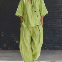 V-Neck Short Sleeve Top & High-Waist Trousers Two-Piece Set