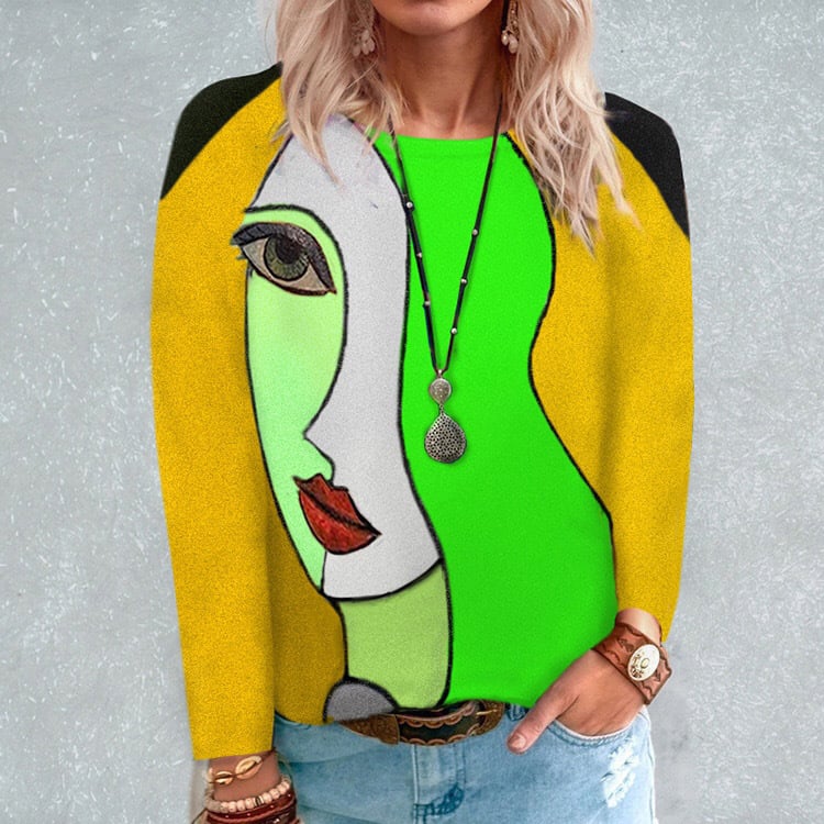 Stylish Face Print Long Sleeve Tee