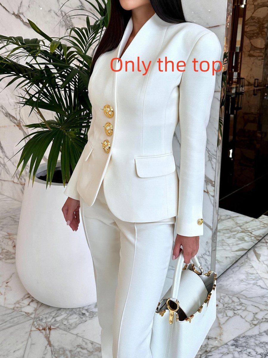 Solid white blazer and high-waisted pants set with gold buttons by Ancient Energy
