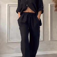 Wide-Leg Pants & Lace-Up Top Two-Piece Set – Solid Color, 12 Colors S–5XL