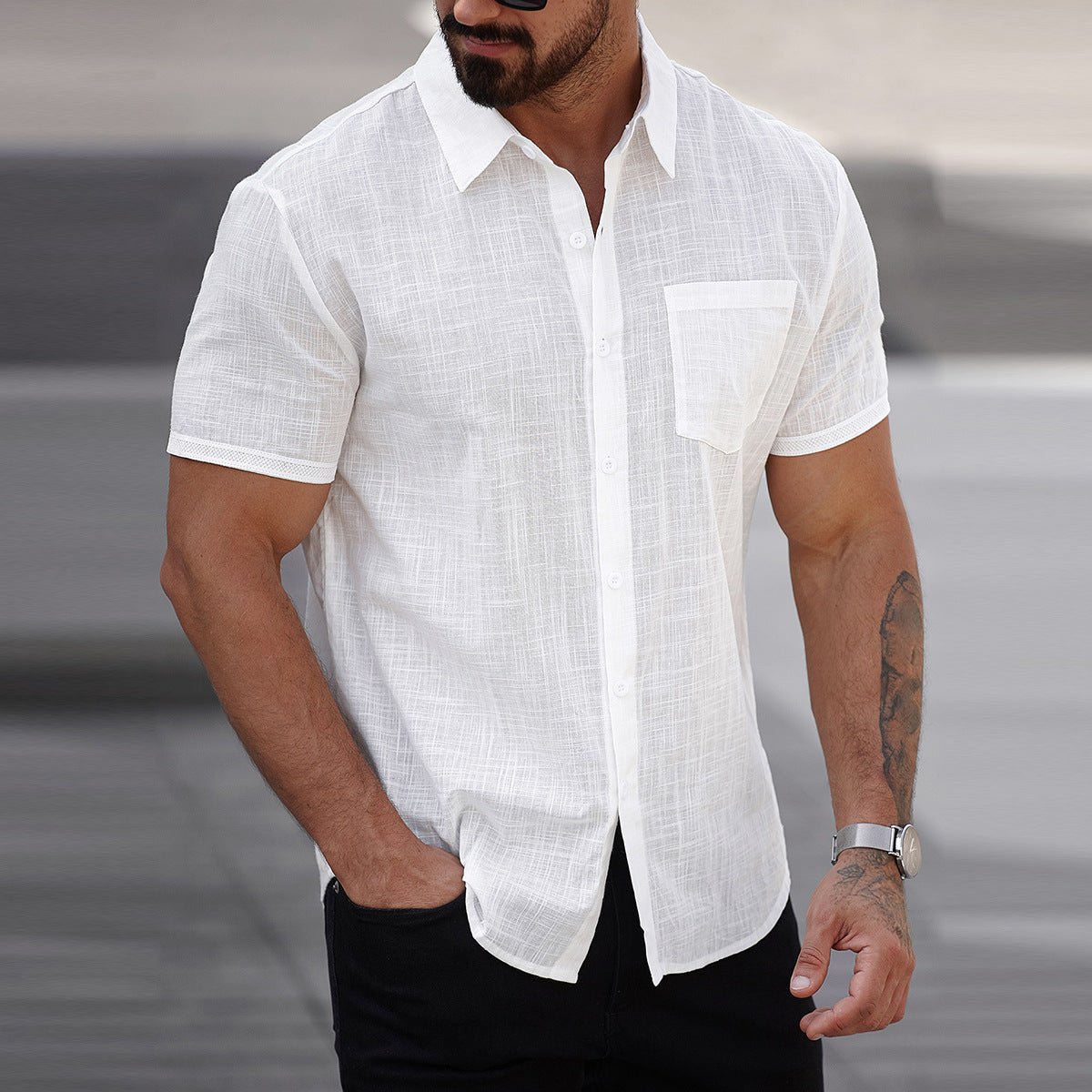 Men's short-sleeve white cotton shirt with chest pocket