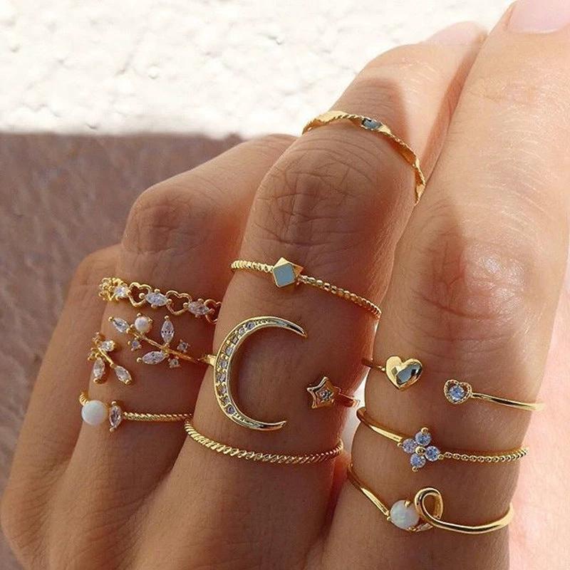 Mandotos Bohemian Star Moon Pearl Leaf 10-Piece Ring Set With Gold Finish And Stackable Designs - MANDOTOS