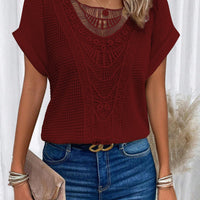 Women's burgundy hollow-out short-sleeve crochet top by Ancient Energy, boho ethnic lace.