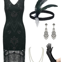 Charleston Chic 1920s Flapper Dress Set - Black XL - MANDOTOS INTERNATIONAL