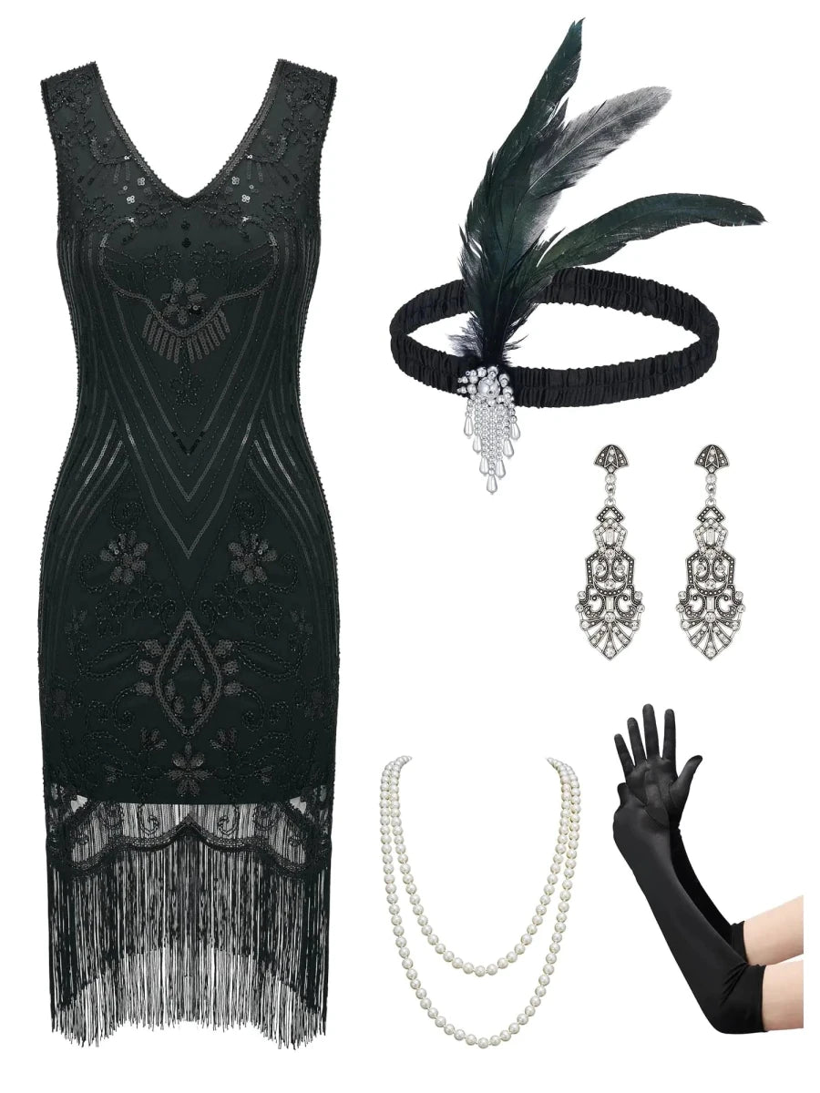 Charleston Chic 1920s Flapper Dress Set - Black XL - MANDOTOS INTERNATIONAL