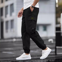 Mens Retro Jogger Casual Work Pants in black with cargo pockets and cuffs, Ancient Energy.