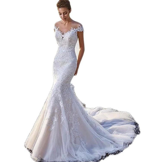 Princess Bride Mermaid Wedding Dress - White Trailing Backless Lace Gown MANDOTOS