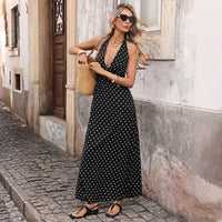 Casual Dot Slim V-neck Long Dress by Ancient Energy, black with white polka dots, sleeveless halter-neck maxi
