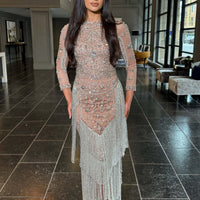 Dalia Long Sleeve Beaded Sequin Modest Tassel Gown - MANDOTOS INTERNATIONALLong Dress
