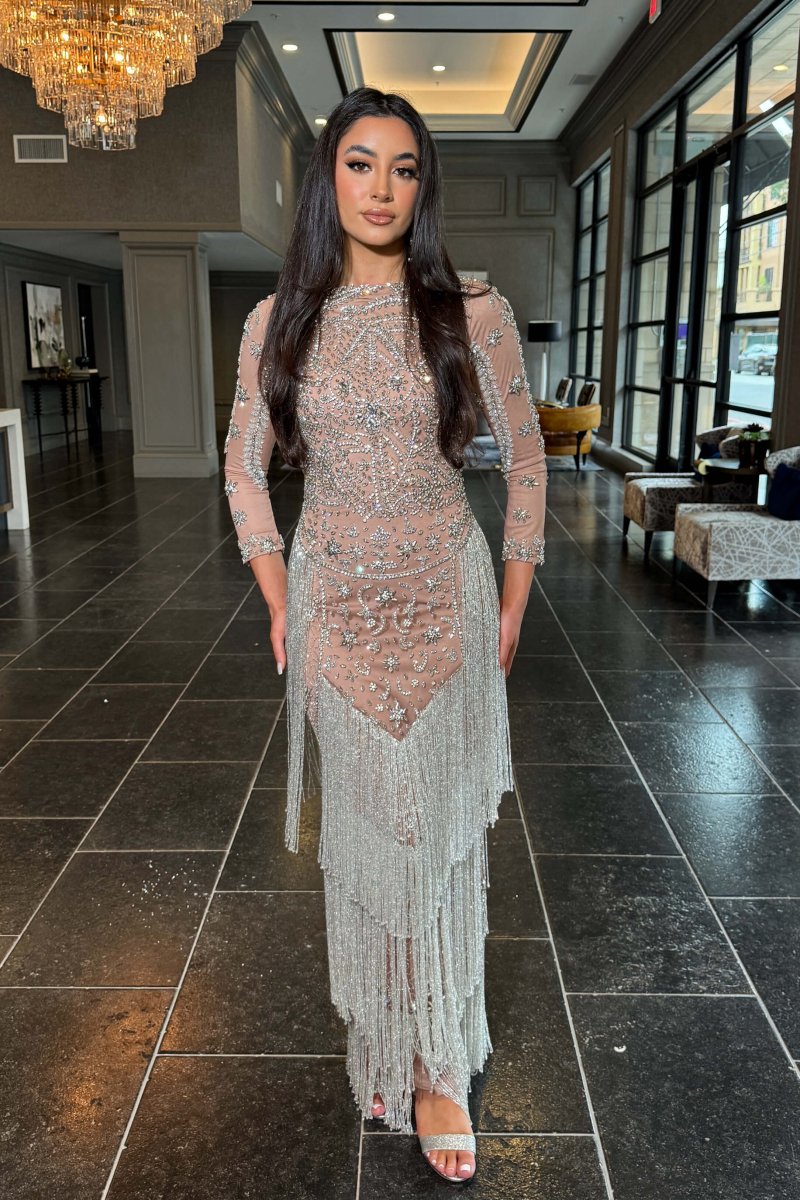 Dalia Long Sleeve Beaded Sequin Modest Tassel Gown - MANDOTOS INTERNATIONALLong Dress