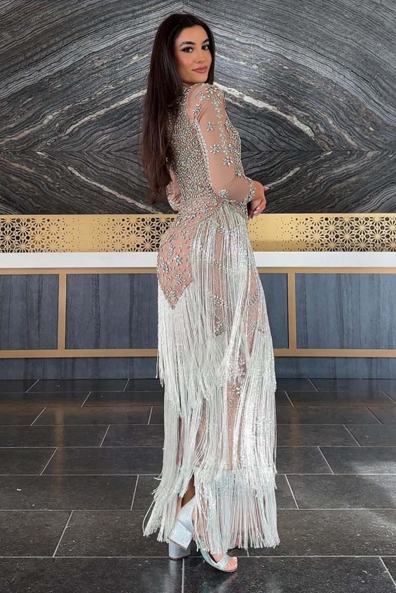 Dalia Long Sleeve Beaded Sequin Modest Tassel Gown - MANDOTOS INTERNATIONALLong Dress