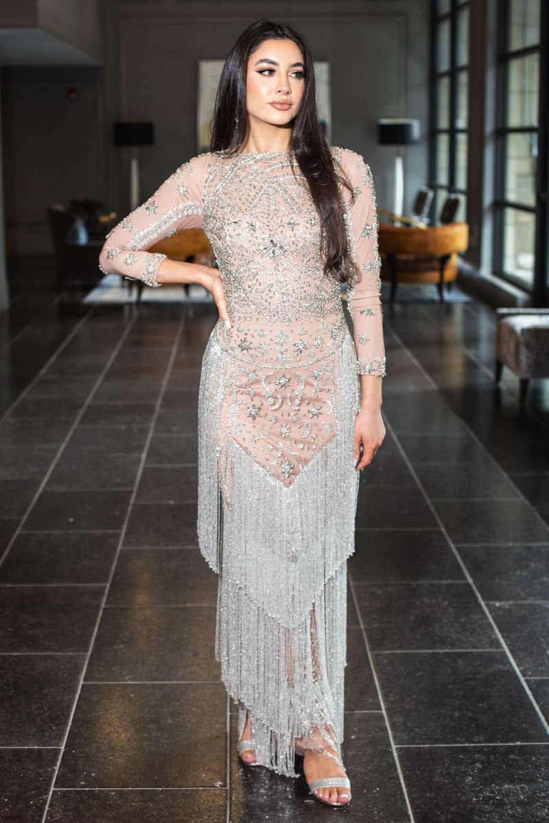 Dalia Long Sleeve Beaded Sequin Modest Tassel Gown - MANDOTOS INTERNATIONALLong Dress