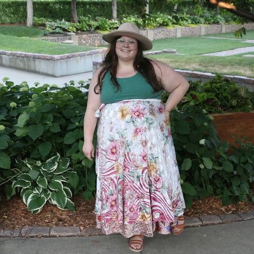 Darn Good Yarn The Original Sari Wrap Skirt in warm tones, flowing maxi design, showcasing vibrant sari fabric and adjustable wrap style.