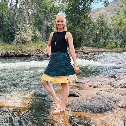 Darn Good Yarn The Original Sari Wrap Skirt in warm tones, flowing maxi style, casual clothing and accessories.