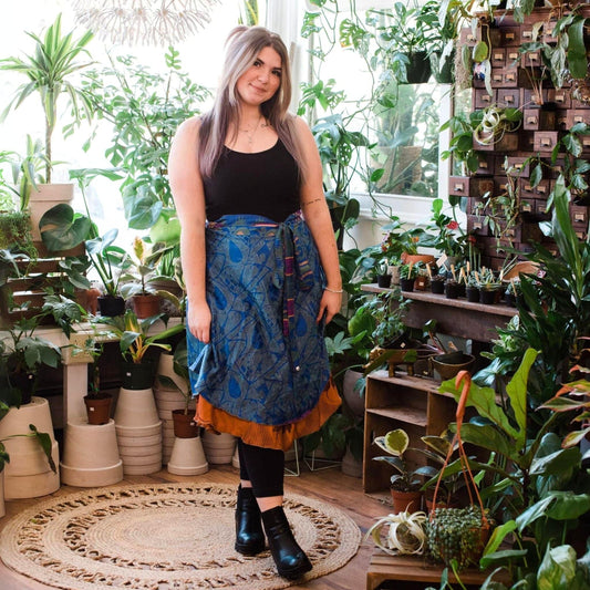 Darn Good Yarn The Original Sari Wrap Skirt in warm-toned fabric, showcasing a maxi length and traditional sari wrap design.