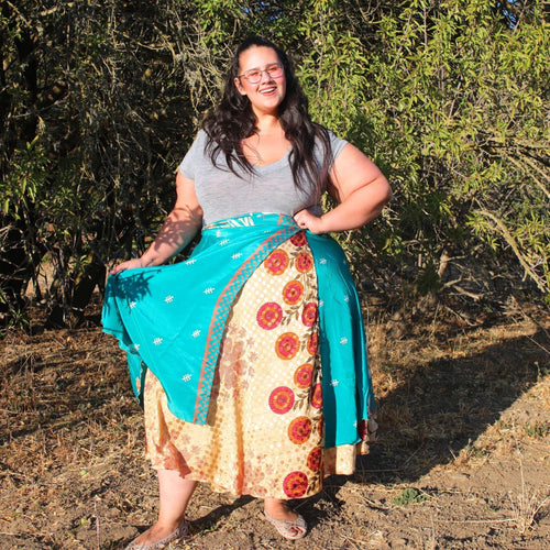 Darn Good Yarn Original Sari Wrap Skirt in warm tones, maxi length, flowing clothing and accessories style.