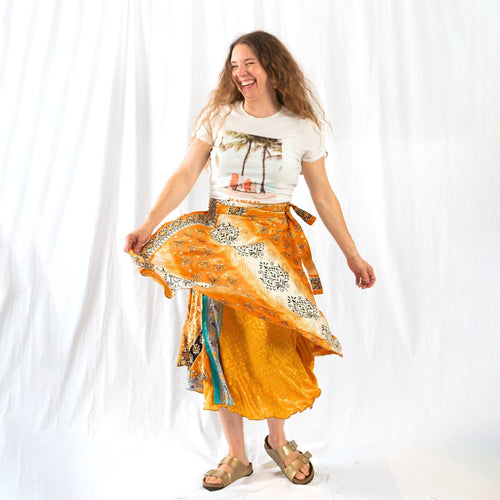Darn Good Yarn Sari Wrap Skirt in warm tones, maxi length, flowing clothing and accessories for boho style.