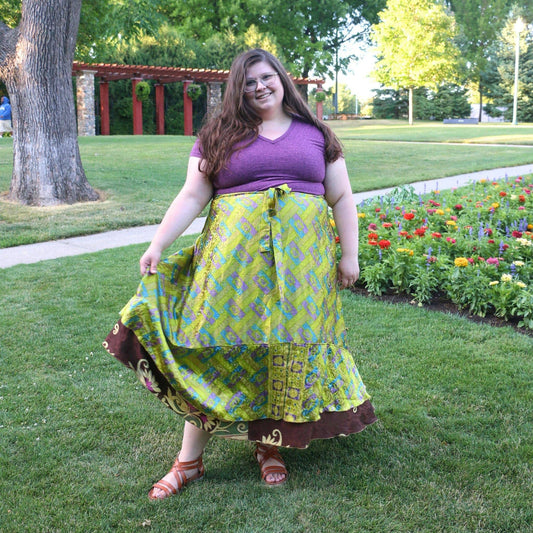 Darn Good Yarn Original Sari Wrap Skirt in warm tones, maxi length, flowing fabric, casual bohemian style.