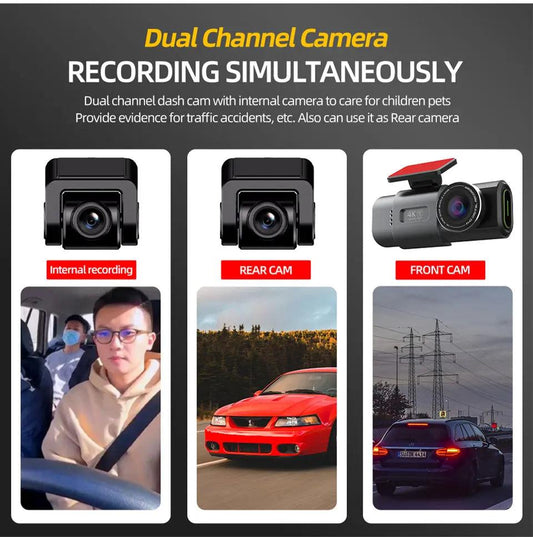 Dash Cam Dual Lens 4K UHD Recording Car Camera DVR Night Vision Video Recorder Built-In Wi-Fi Support GPS 24H Parking - MANDOTOS