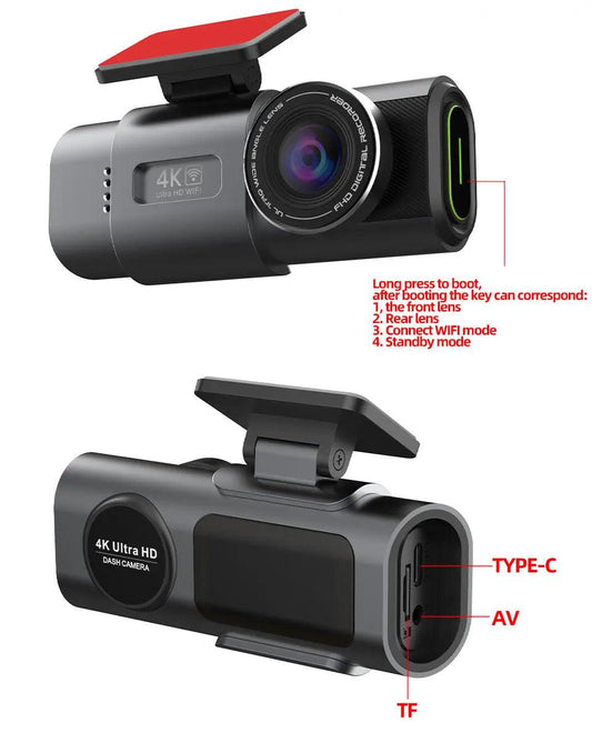 Dash Cam Dual Lens 4K UHD Recording Car Camera DVR Night Vision Video Recorder Built-In Wi-Fi Support GPS 24H Parking - MANDOTOS