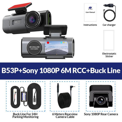 Dash Cam Dual Lens 4K UHD Recording Car Camera DVR Night Vision Video Recorder Built-In Wi-Fi Support GPS 24H Parking - MANDOTOS