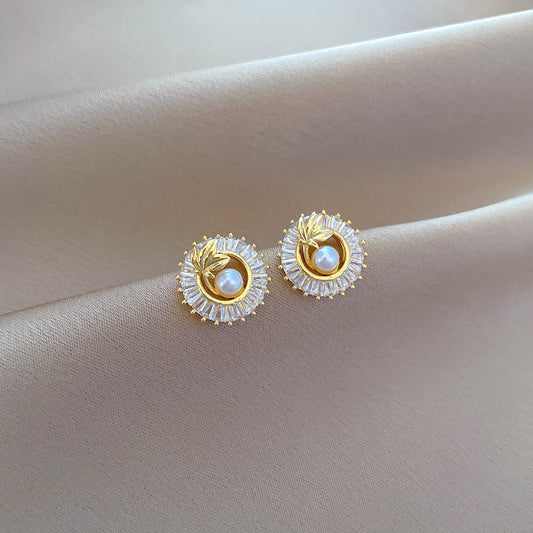 Fashion Jewelry Square Full Diamond Personalized Round Ring Leaves Necklace And Earrings Suite - MANDOTOS