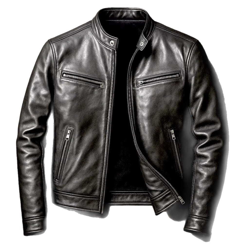 Mens black PU leather motorcycle jacket with stand-up collar, Ancient Energy, zippered chest and side pockets.