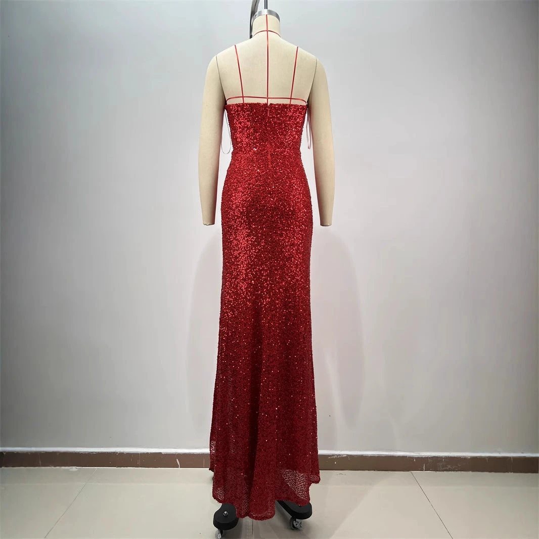 Drop-shaped Diamond Sexy Low-cut High Sitt Red Paillette Tube Coat And Dress MANDOTOS