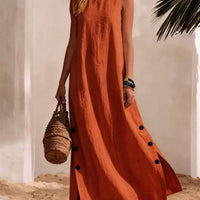 Cotton Linen Sleeveless Midi Dress – Side Slits & Loose Fit
