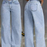 Women's Sweet And Spicy Style High-Waist Straight Jeans by Ancient Energy, light-wash denim with front and back views.