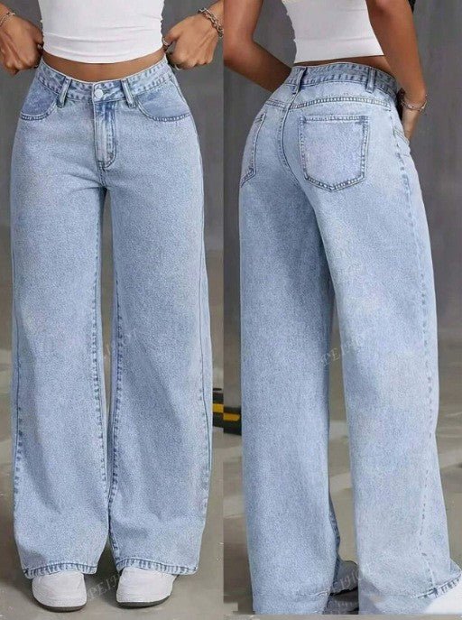 Women's Sweet And Spicy Style High-Waist Straight Jeans by Ancient Energy, light-wash denim with front and back views.
