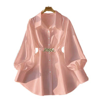 Women's Elegant Lapel Button-Down Top With Adjustable Metal Waist Belt Solid Color Loose Fit Blouse For Casual & Office Wear