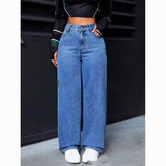 Sweet And Spicy Style High Waist Straight Jeans by Ancient Energy, blue denim, wide-leg fit
