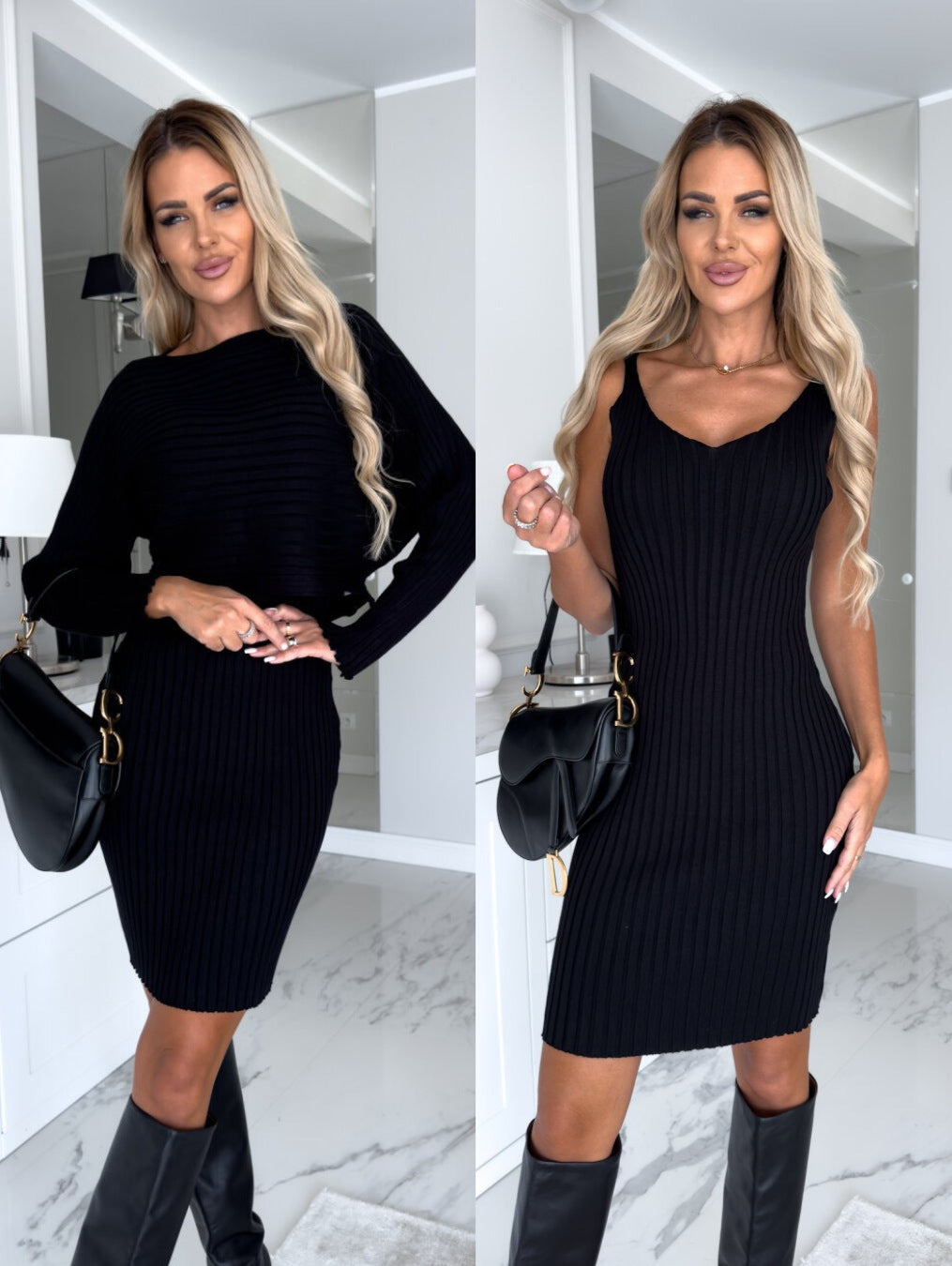 2pcs Suit Women's Solid Stripe Long-sleeved Top And Tight Suspender Skirt Fashion Autumn Winter Slim Clothing - MANDOTOS