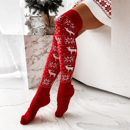Winter Christmas Warm Knitted Women Stocking Beautiful Elk Snowflake Jacquard Over-the-knee Casual Long Socks For Ladies Gifts Free Size - MANDOTOS