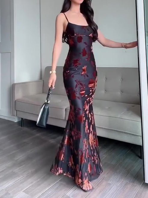 Flocked Strappy Maxi Dress by Ancient Energy, black with red floral flocking, floor-length.