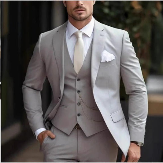 Mens Slim-Fit Light Luxury Suit in light gray with waistcoat, by Ancient Energy
