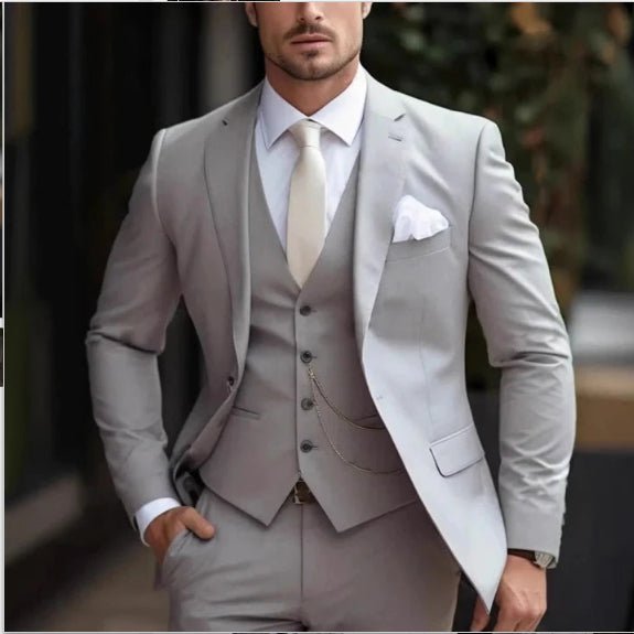 Mens Slim-Fit Light Luxury Suit in light gray with waistcoat, by Ancient Energy