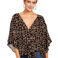 New V Neck Blouse Women Leopard Print Shirts Floral Tie Front Blouses Batwing Summer Oversize Ladies Tops - MANDOTOS INTERNATIONAL0