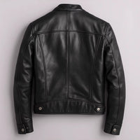 Men's black PU leather motorcycle jacket with stand-up collar, back view showing seam panels and metal snaps